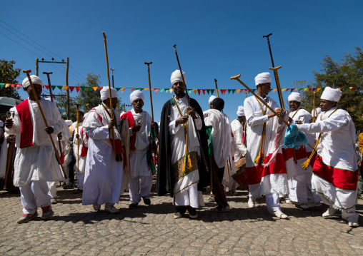 Ethiopian orthodox priests procession celebrating the colorful Timkat epiphany festival, Amhara region, Lalibela, Ethiopia