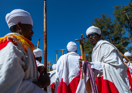 Ethiopian orthodox priests procession celebrating the colorful Timkat epiphany festival, Amhara region, Lalibela, Ethiopia