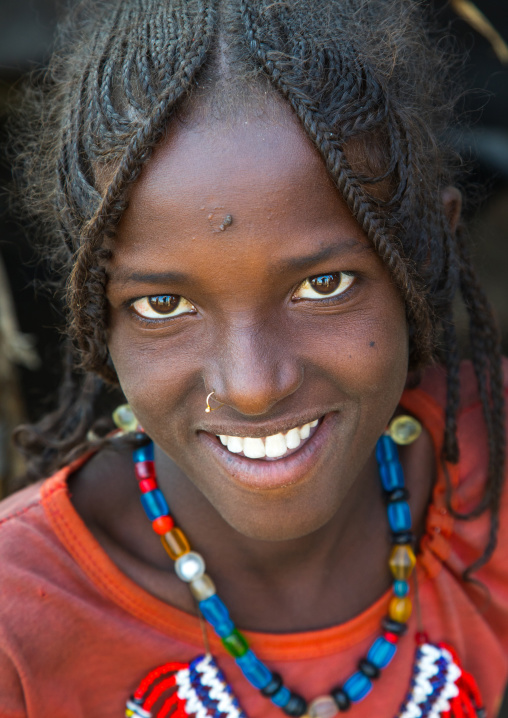 Portrait of a smiling Afar tribe girl with braided hair, Afar region, Chifra, Ethiopia