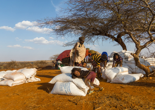 Food aid bags given to Borana people during the drought, Oromia, Yabelo, Ethiopia