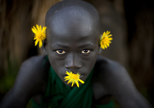 Surma Boy Wearing Flower Ornaments, Turgit Village, Omo Valley, Ethiopia