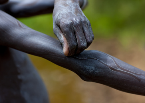 Clay body paintings on Suri warriors before donga stick fighting, Turgit village, Omo valley, Ethiopia