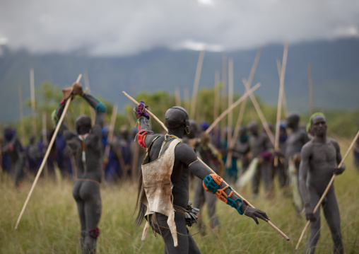 Suri tribe warriors fighting during a donga stick ritual, Omo valley, Tulgit, Ethiopia