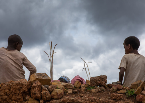 Oromo children selling forked stick oulle, Oromia, Sheik Hussein, Ethiopia