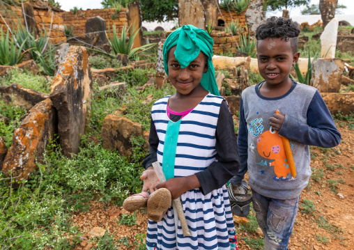 Oromo children in the cemetery of the shrine of sufi Sheikh Hussein , Oromia, Sheik Hussein, Ethiopia