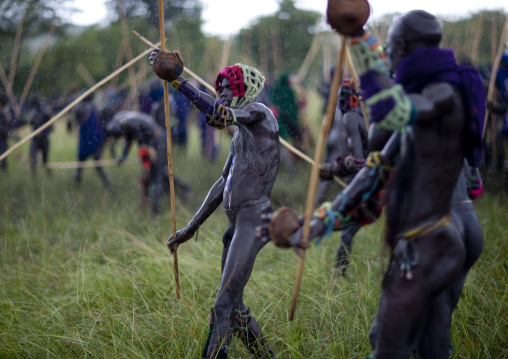 Suri tribe warriors fighting during a donga stick ritual, Omo valley, Tulgit, Ethiopia