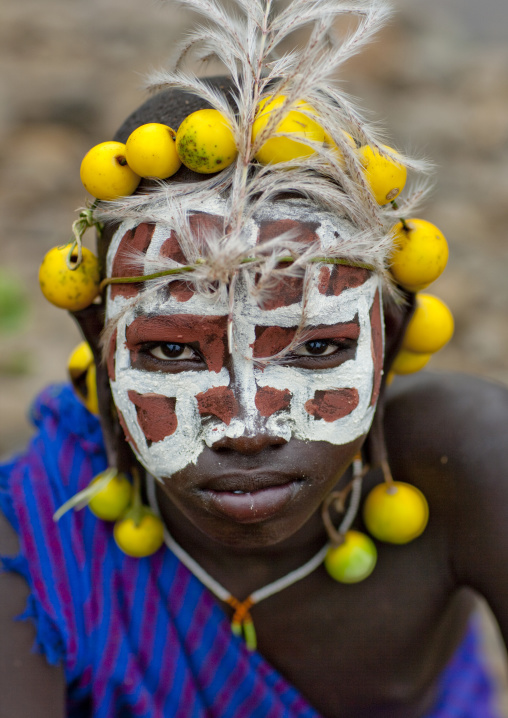 Surma Boy Wearing Fruit And Herb Ornaments, Kibbish Village, Omo Valley, Ethiopia