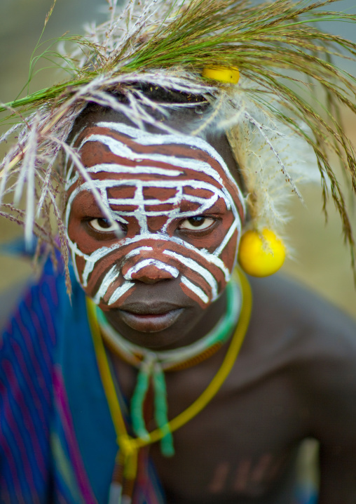 Surma Boy Wearing Fruit And Herb Ornaments, Kibbish Village, Omo Valley, Ethiopia