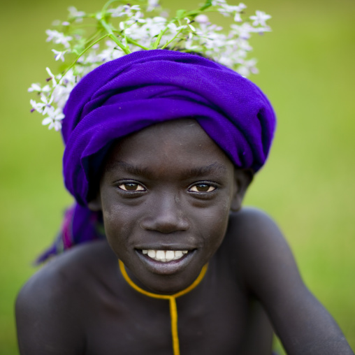 Surma Boy Wearing Flower Ornaments, Kibbish Village, Omo Valley, Ethiopia
