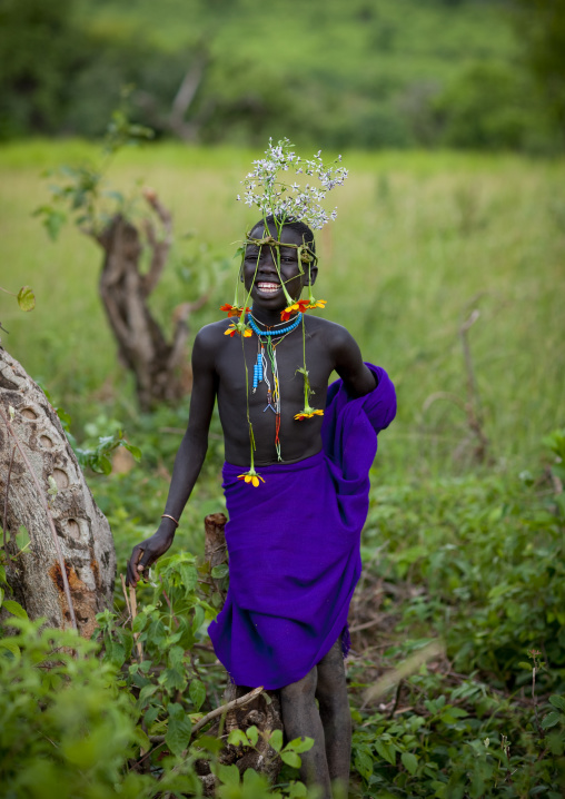 Surma Boy Wearing Flower Decorations, Turgit Village, Omo Valley, Ethiopia