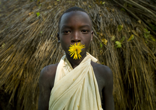 Surma Boy Wearing Flower Ornaments, Turgit Village, Omo Valley, Ethiopia