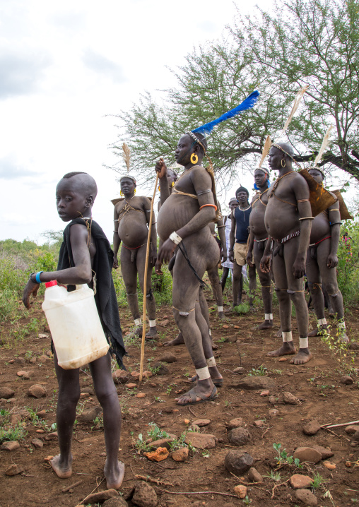 Bodi tribe fat men during Kael ceremony, Omo valley, Hana Mursi, Ethiopia