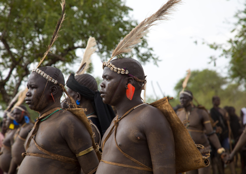 Bodi tribe fat men during Kael ceremony, Omo valley, Hana Mursi, Ethiopia