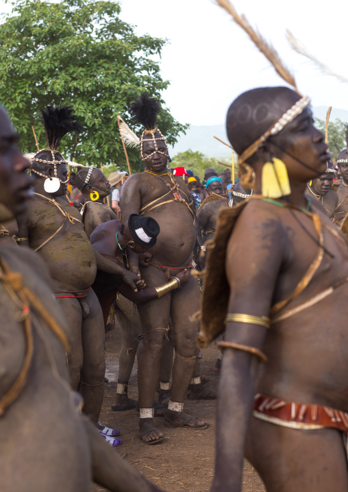 Bodi tribe fat men during Kael ceremony, Omo valley, Hana Mursi, Ethiopia