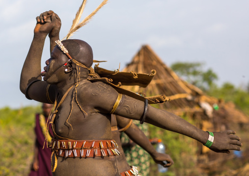 Bodi tribe fat men dancing during Kael ceremony, Omo valley, Hana Mursi, Ethiopia
