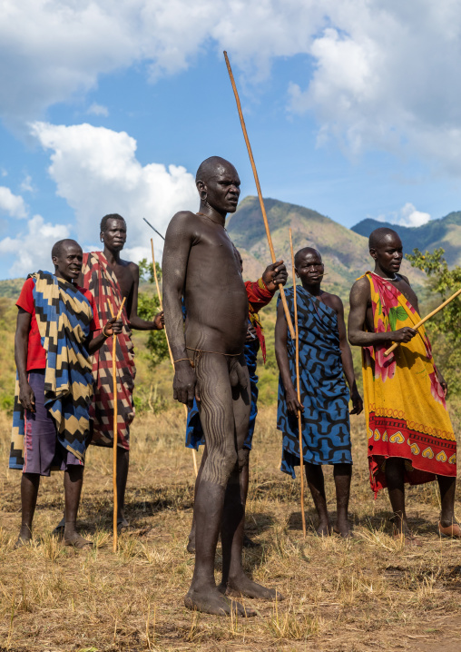 Suri tribe warriors during a donga stick fighting ritual, Omo valley, Kibish, Ethiopia