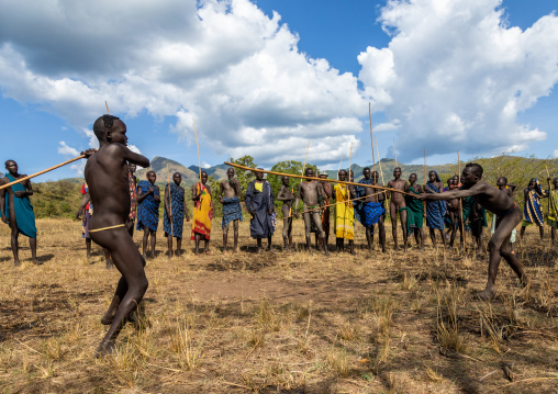 Suri tribe warriors fighting during a donga stick ritual, Omo valley, Kibish, Ethiopia