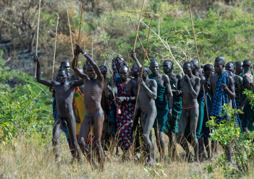 Group of suri tribe warriors during a donga stick fighting ritual, Omo valley, Kibish, Ethiopia