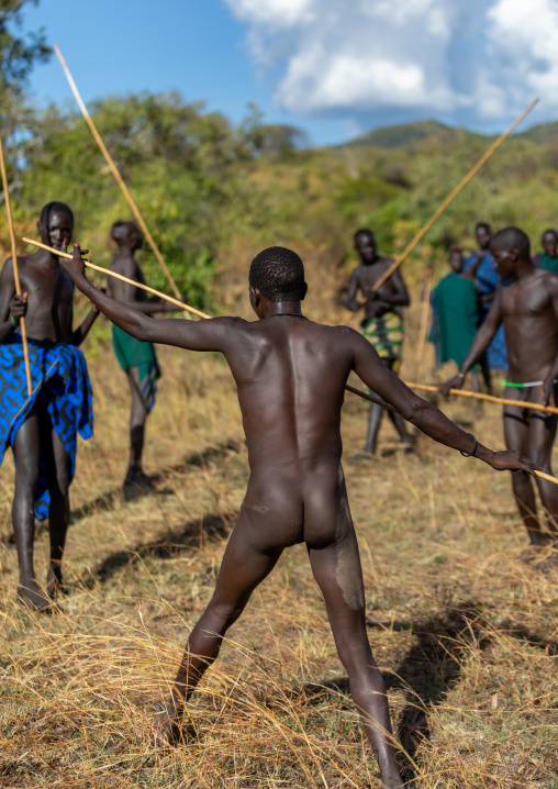 Suri tribe warriors fighting during a donga stick ritual, Omo valley, Kibish, Ethiopia