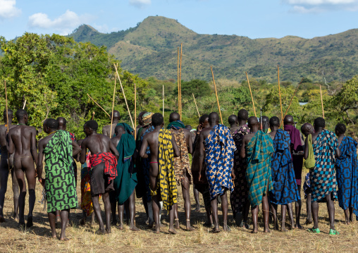 Group of suri tribe warriors during a donga stick fighting ritual, Omo valley, Kibish, Ethiopia
