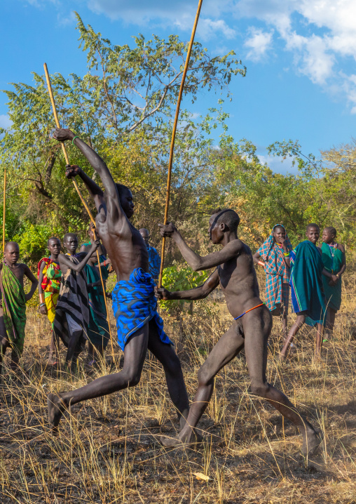Suri tribe warriors fighting during a donga stick ritual, Omo valley, Kibish, Ethiopia