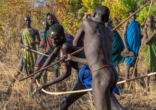 Suri tribe warriors fighting during a donga stick ritual, Omo valley, Kibish, Ethiopia