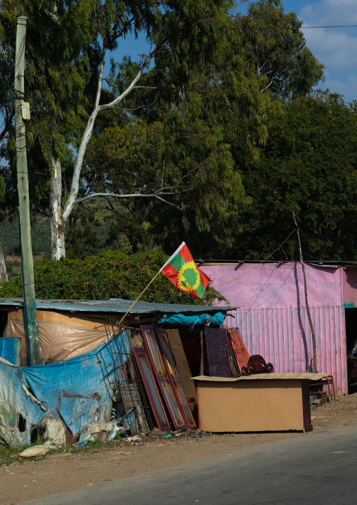 Oromo liberation front party flag in a village, Oromia, Kulubi, Ethiopia