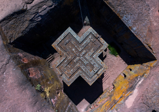 Aerial view of the monolithic rock-cut church of bete giyorgis, Amhara Region, Lalibela, Ethiopia