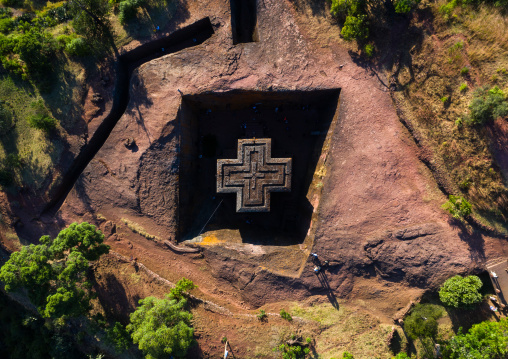 Aerial view of the monolithic rock-cut church of bete giyorgis, Amhara Region, Lalibela, Ethiopia