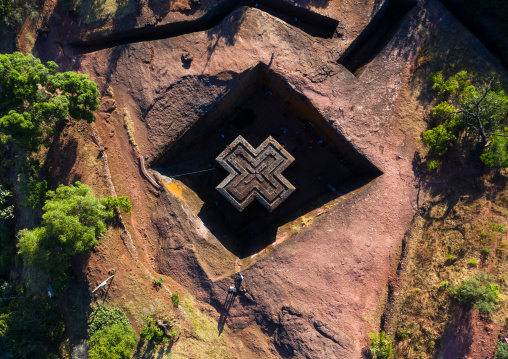Aerial view of the monolithic rock-cut church of bete giyorgis, Amhara Region, Lalibela, Ethiopia