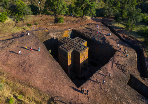 Aerial view of the monolithic rock-cut church of bete giyorgis, Amhara Region, Lalibela, Ethiopia