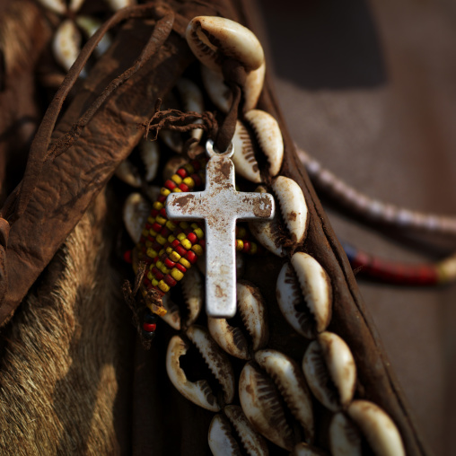 Hamer Tribe Woman Necklace With A Metal Christian Cross Pendant On, Omo Valley, Ethiopia