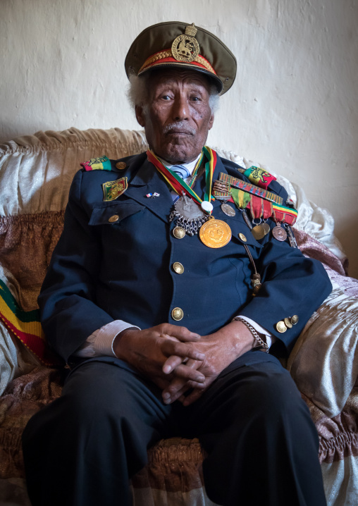 Ethiopian veteran from the italo-ethiopian war in army uniform, Addis Ababa Region, Addis Ababa, Ethiopia