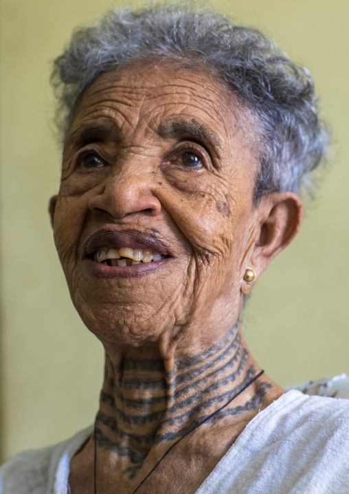 Ethiopian veteran woman from the italo-ethiopian war with tattoes in the neck, Addis Ababa Region, Addis Ababa, Ethiopia