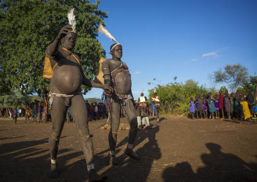Bodi Tribe Fat Men Running During Kael Ceremony, Hana Mursi, Omo Valley, Ethiopia