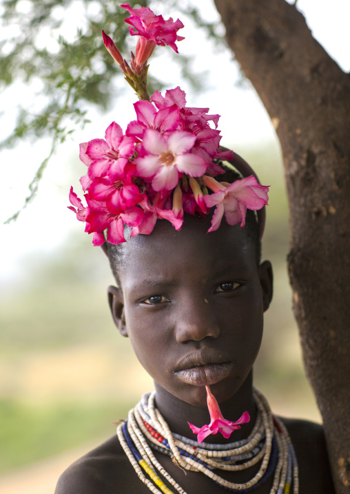 Kid With Flowers Decorations, Korcho, Omo Valley, Ethiopia