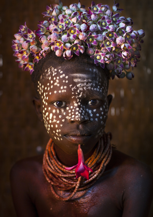 Kid With Flowers Decorations, Korcho, Omo Valley, Ethiopia