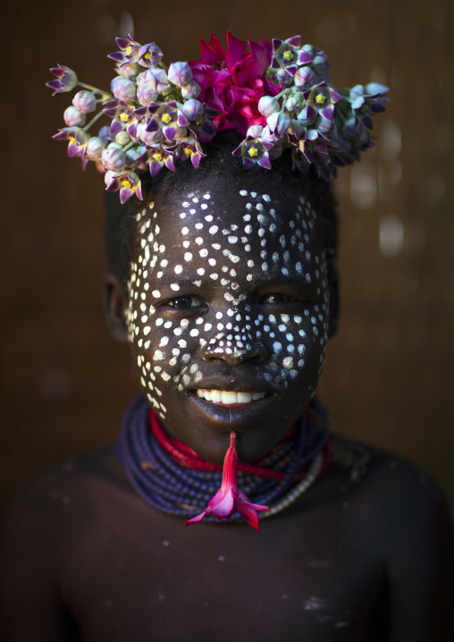 Kid With Flowers Decorations, Korcho, Omo Valley, Ethiopia