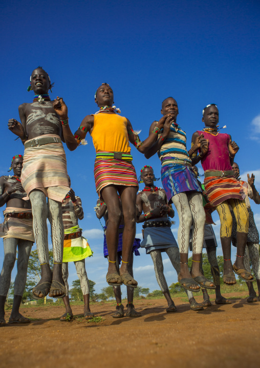 Bashada Tribe Men Dancing And Jumping, Dimeka, Omo Valley, Ethiopia