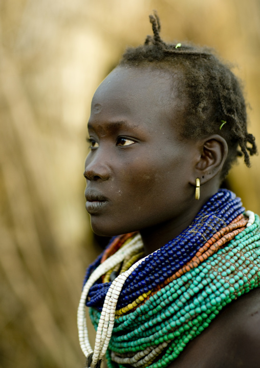 Portrait Of A Nyangatom Tribe Woman With Huge And Colourful Necklaces, Omo Valley, Kangate, Ethiopia