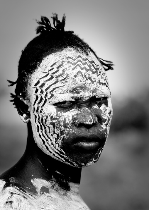 Black And White Portrait Of A Karo Man With Body Paint, Korcho Village, Omo Valley, Ethiopia