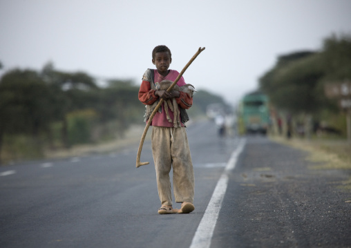 Shy Oromo Tribe Boy Holding A Kid Goat In His Arms, Adama, Ethiopia
