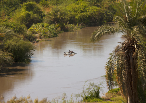 Man carrying coal bags on awash river, Assaita, Afar regional state, Ethiopia