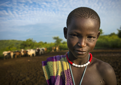 Bodi Tribe Kid And His Cattle, Hana Mursi, Omo Valley, Ethiopia