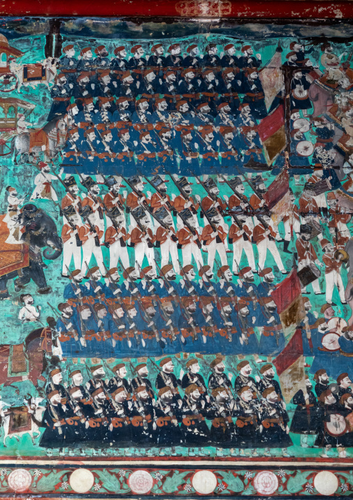 Taragarh fort murals depicting warrior men, Rajasthan, Bundi, India