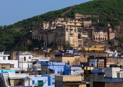 Cityscape with old blue houses brahmins under the fort, Rajasthan, Bundi, India