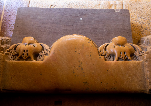 Stone carvings at the entrance of the jain temple, Rajasthan, Jaisalmer, India