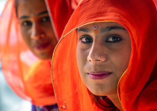 Portrait of rajasthani women in orange saris, Rajasthan, Jaisalmer, India