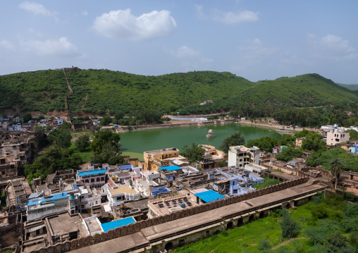 View of the city with the blue brahmin houses, Rajasthan, Bundi, India