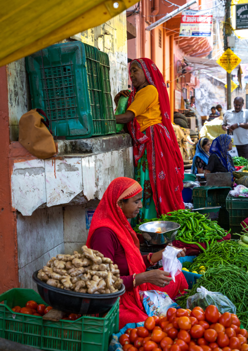 Indian women selling vegetables and fruits  in a market, Rajasthan, Jaipur, India